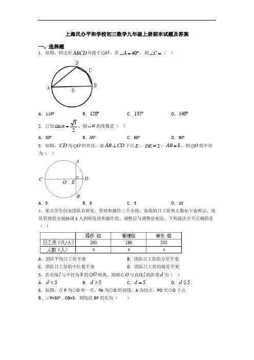 上海民办平和学校初三数学九年级上册期末试题及答案