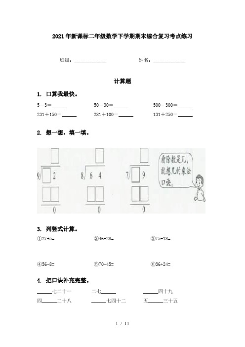 2021年新课标二年级数学下学期期末综合复习考点练习