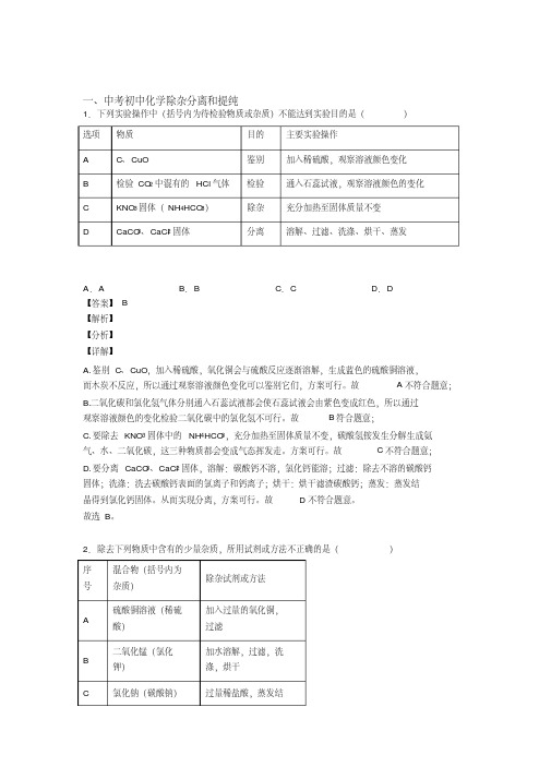 中考化学培优专题复习分离和提纯除杂练习题含答案