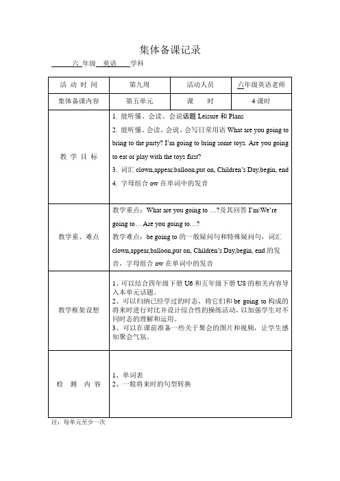 苏教译林版六年级英语下册第五单元集体备课记录