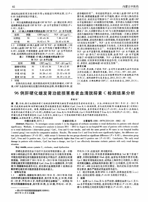 96例肝硬化继发肾功能损害患者血清胱抑素C检测结果分析