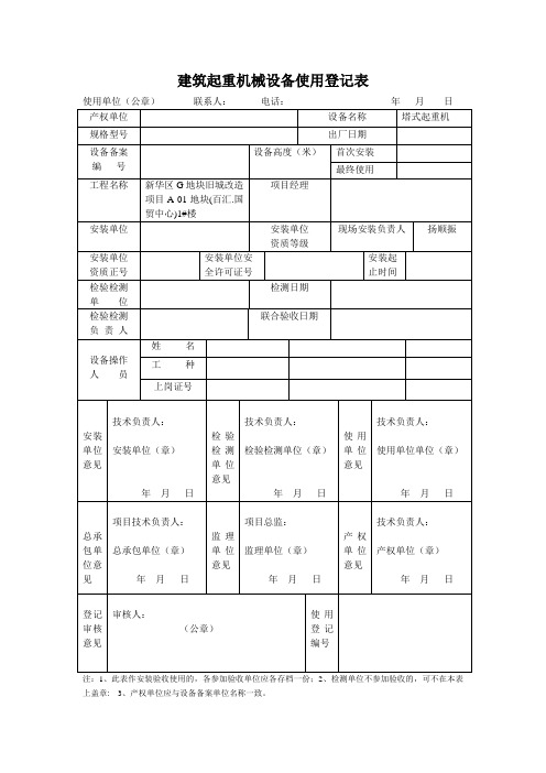 河南省建筑起重机械设备使用登记表