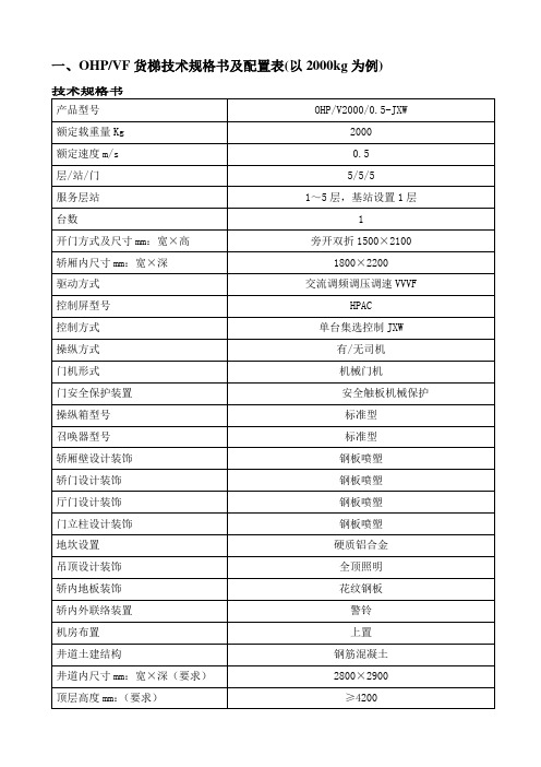 货梯、扶梯技术规格、配置表