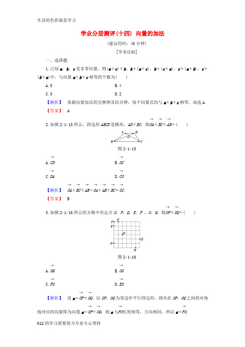 [推荐学习]高中数学学业分层测评14向量的加法含解析新人教B版必修4