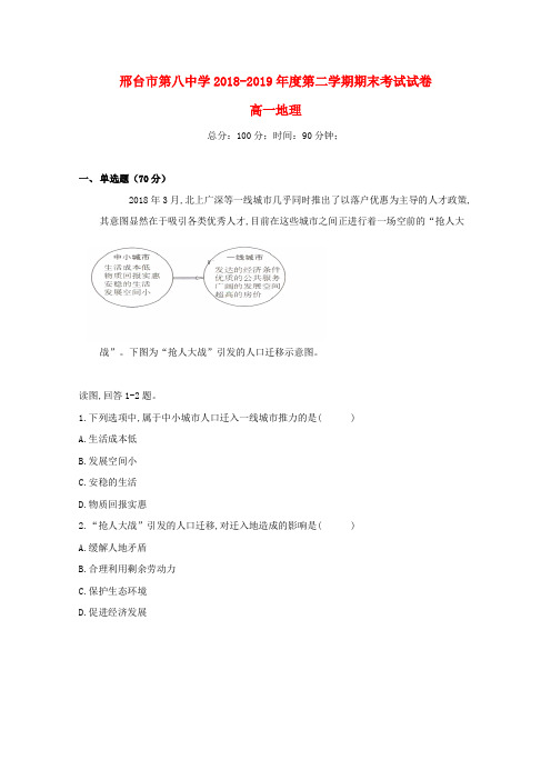 河北省邢台市第八中学2018_2019学年高一地理下学期期末考试试题