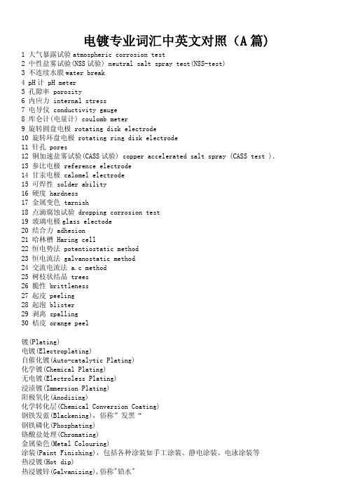 电镀专业词汇中英文对照