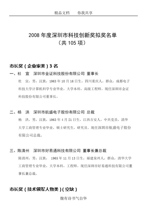 2008年度深圳市科技创新奖拟奖名单