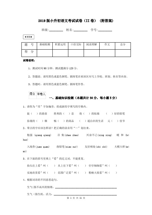 2019版小升初语文考试试卷(II卷) (附答案)