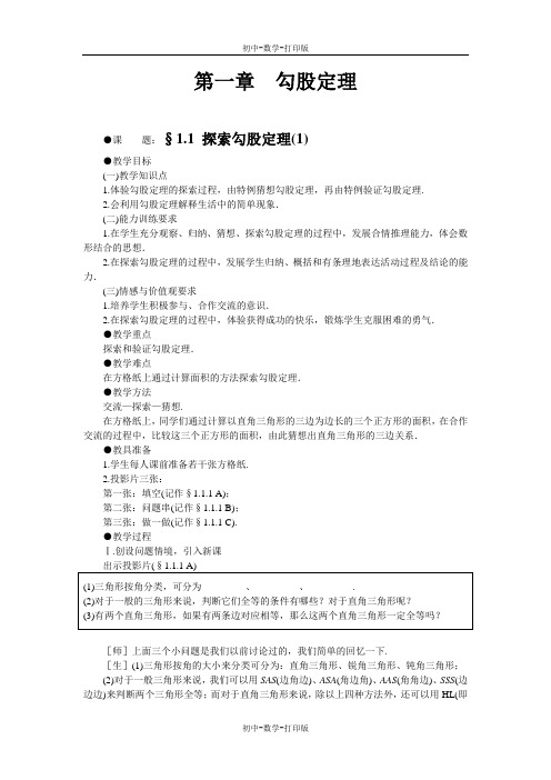 北师大版-数学-八年级上册-北师大版八年级上 1.1 探索勾股定理 培优教案