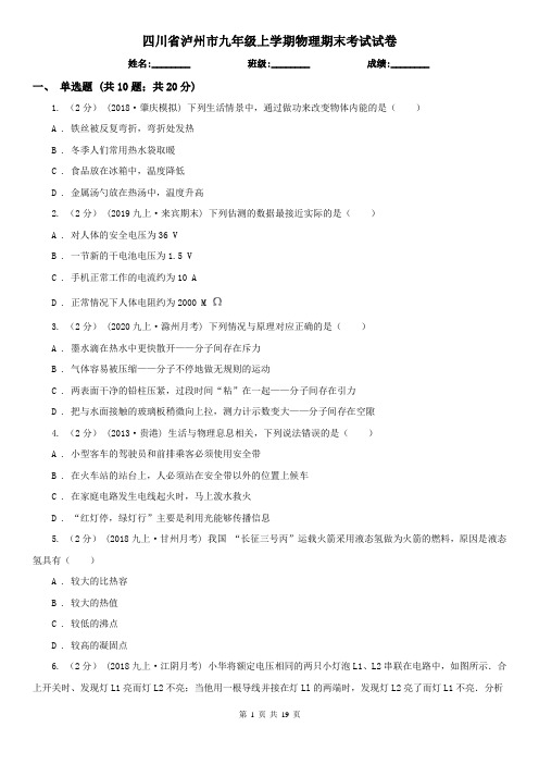 四川省泸州市九年级上学期物理期末考试试卷