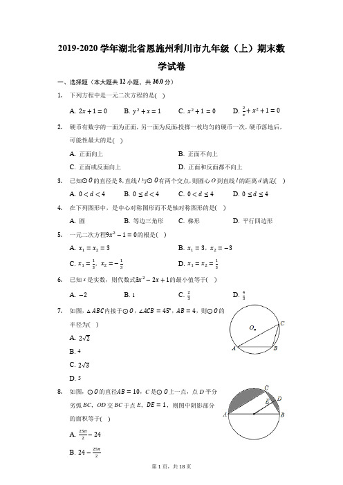 2019-2020学年湖北省恩施州利川市九年级(上)期末数学试卷(附答案详解)