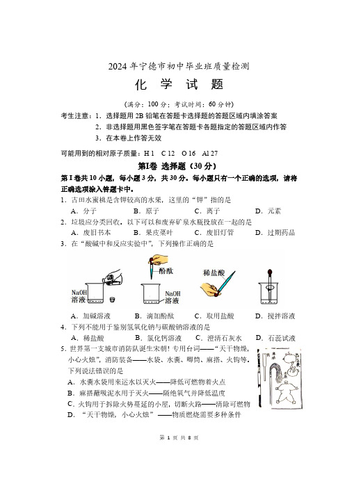 2024年福建省宁德市初中毕业班质量检测(一)化学试题