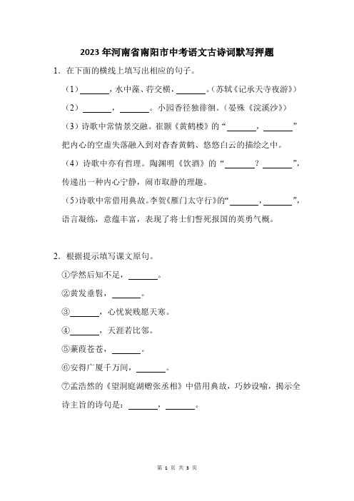 2023年河南省南阳市中考语文古诗词默写押题