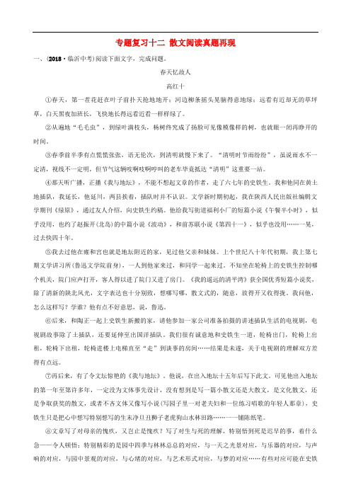 山东省临沂市2019年中考语文专题复习十二散文阅读真题再现(含答案)