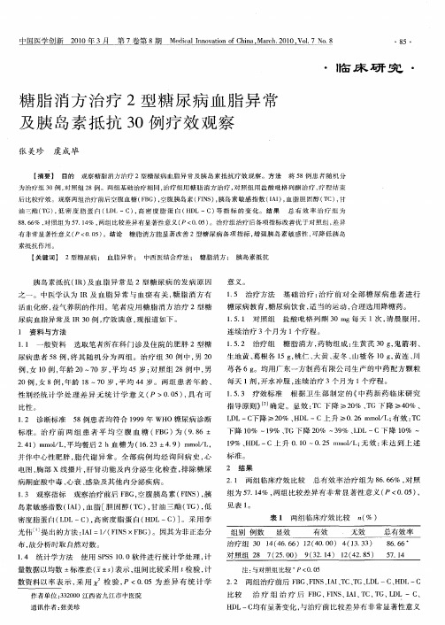 糖脂消方治疗2型糖尿病血脂异常及胰岛素抵抗30例疗效观察