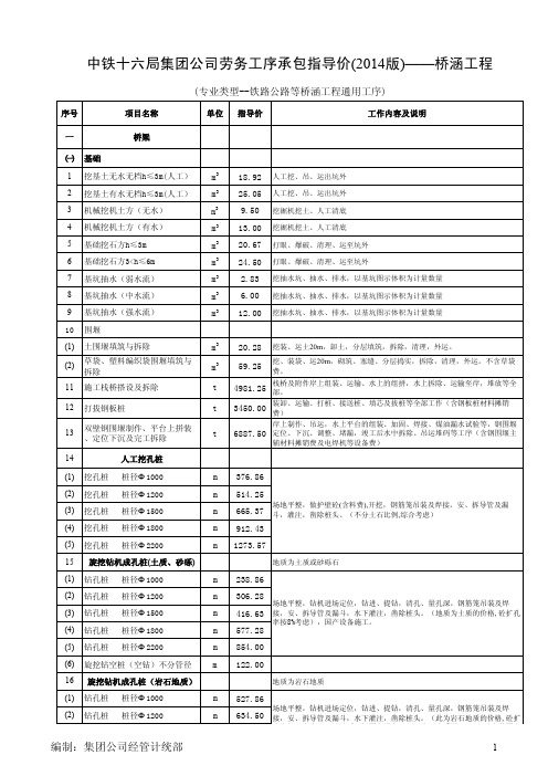 中铁十二局桥涵劳务单价指导价2015年