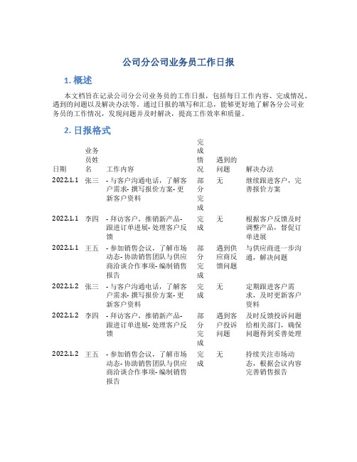 公司分公司业务员工作日报