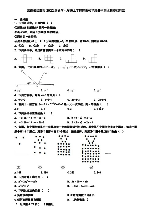 云南省普洱市2022届数学七年级上学期期末教学质量检测试题模拟卷三