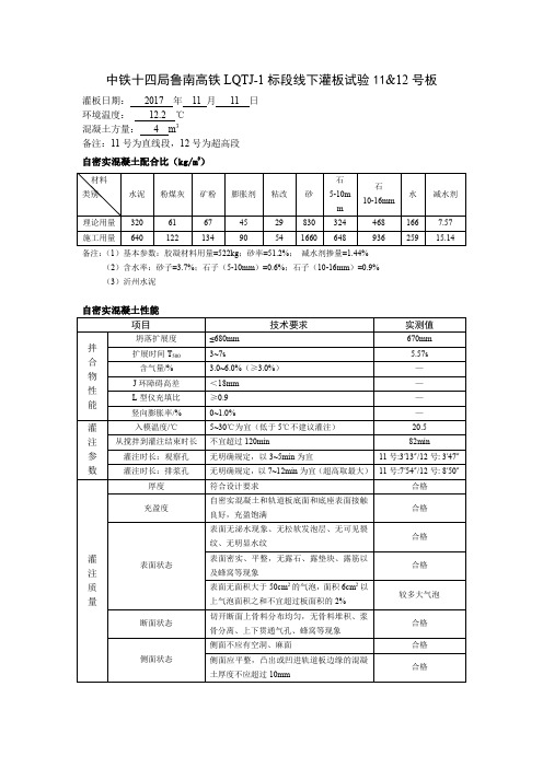 中铁十四局鲁南高铁LQTJ-1标线下灌板试验技术资料-11~12号板