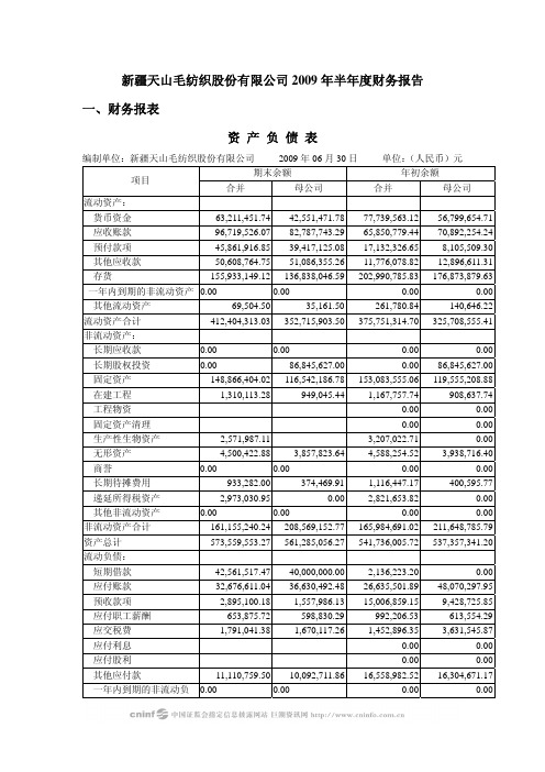 新疆天山毛纺织股份有限公司2009年半年度财务报告一,财务报表资产负债表