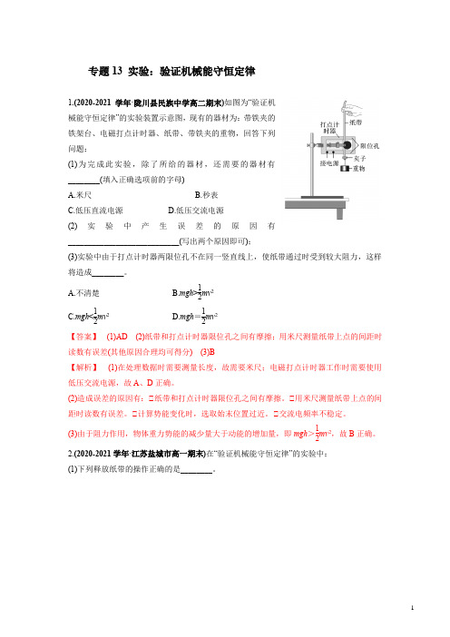 专题13 实验：验证机械能守恒定律(解析版)