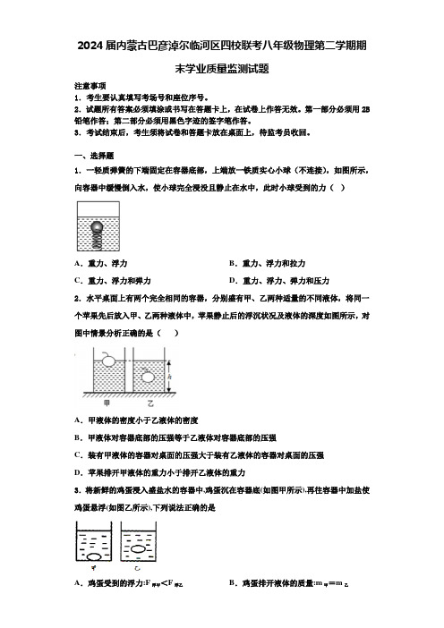 2024届内蒙古巴彦淖尔临河区四校联考八年级物理第二学期期末学业质量监测试题含解析