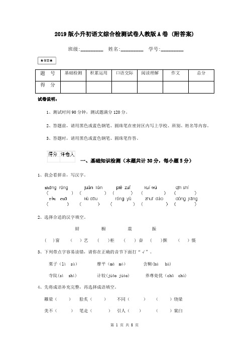 2019版小升初语文综合检测试卷人教版A卷 (附答案)