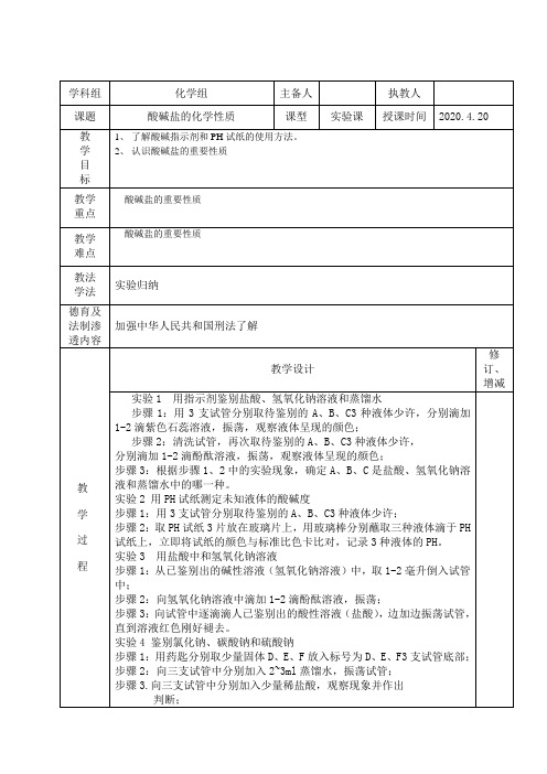 初中化学实验6酸、碱、盐的化学性质教案