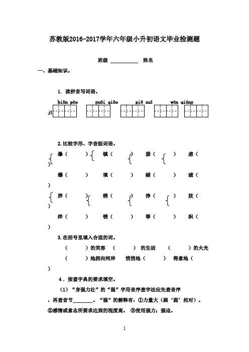 2016-2017学年小学六年级语文下册 毕业试卷 苏教版(精品)