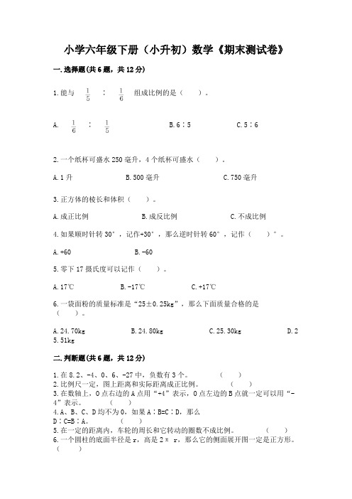 小学六年级下册(小升初)数学《期末测试卷》附参考答案(考试直接用)