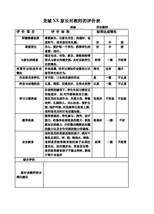 家长对教师的评价表