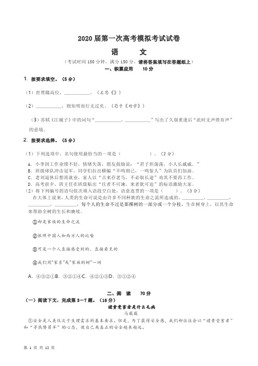 2020年上海高三语文一模试卷及(含答案).doc