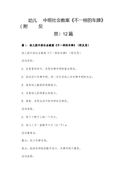 幼儿园中班社会教案《不一样的车牌》(附反思)12篇