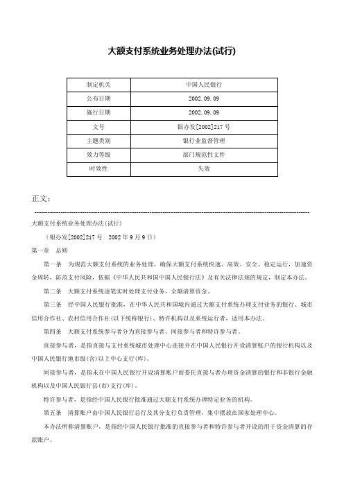 大额支付系统业务处理办法(试行)-银办发[2002]217号