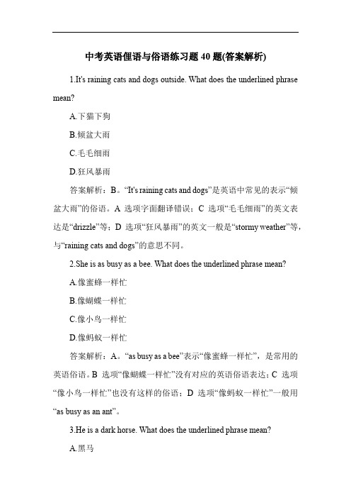 中考英语俚语与俗语练习题40题(答案解析)