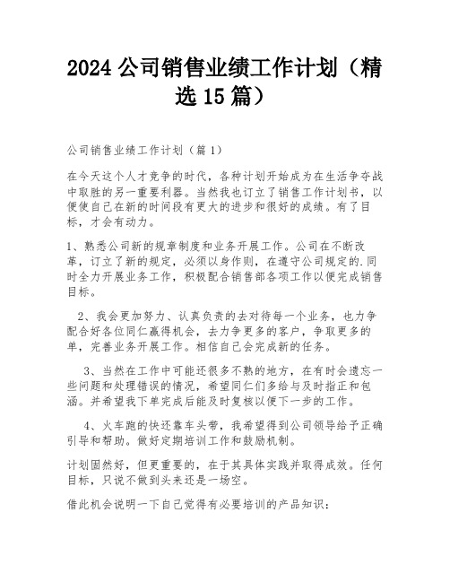 2024公司销售业绩工作计划(精选15篇)