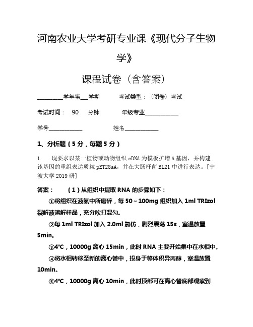 河南农业大学考研专业课《现代分子生物学》考试试卷(330)