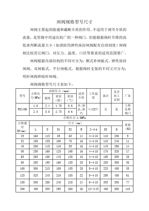 闸阀规格型号尺寸