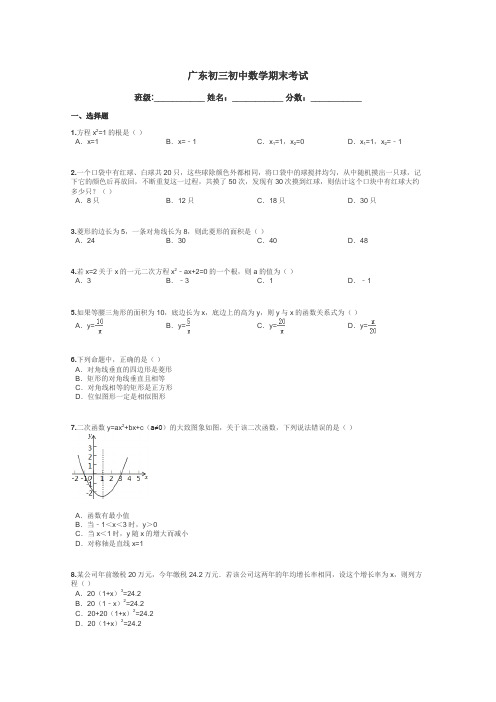 广东初三初中数学期末考试带答案解析
