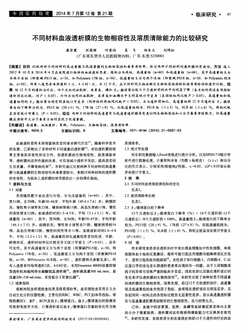 不同材料血液透析膜的生物相容性及溶质清除能力的比较研究