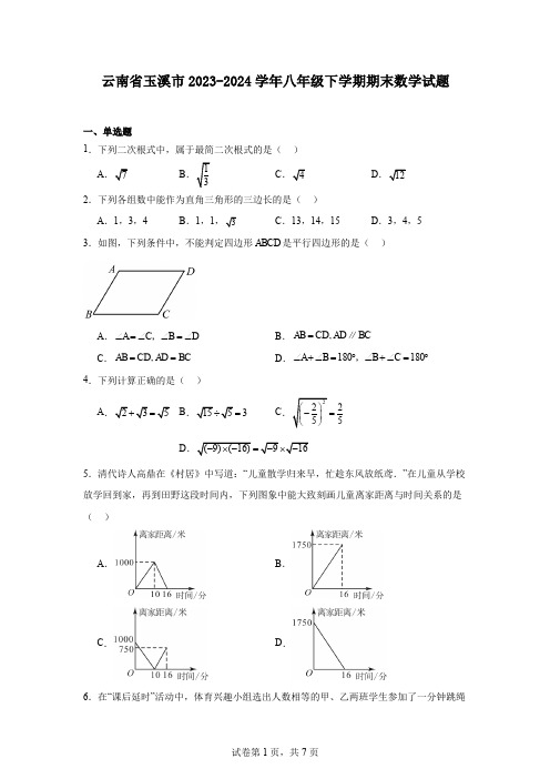 云南省玉溪市2023-2024学年八年级下学期期末数学试题