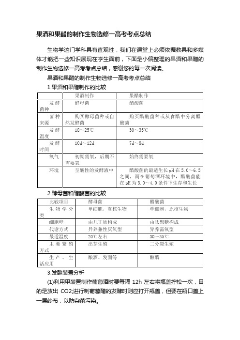 果酒和果醋的制作生物选修一高考考点总结