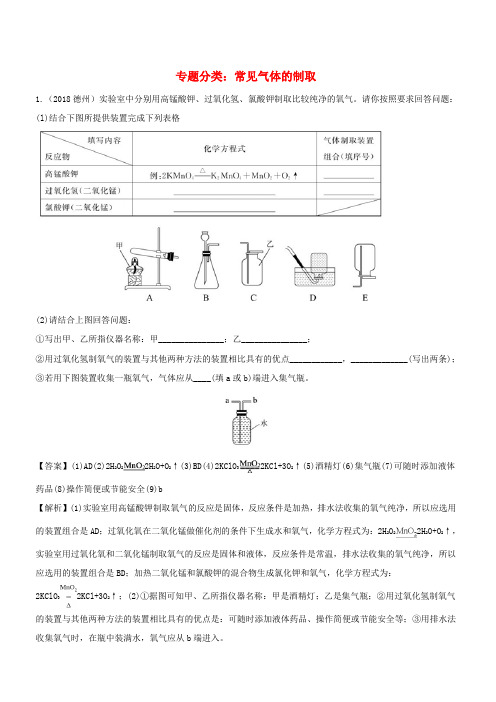 2018年中考化学真题分类汇编 常见气体的制取(含解析)