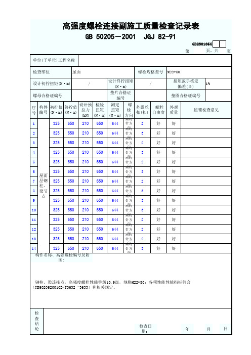 高强度螺栓连接副施工质量检查记录表