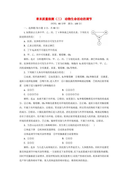 (浙江专版)2017-2018学年高中生物 章末质量检测(二)动物生命活动的调节 浙科版必修3