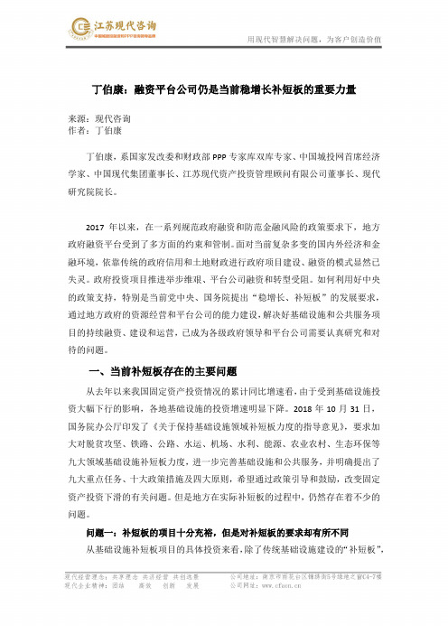 丁伯康：融资平台公司仍是当前稳增长补短板的重要力量