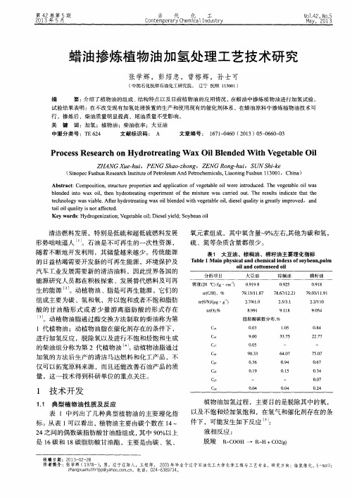 蜡油掺炼植物油加氢处理工艺技术研究