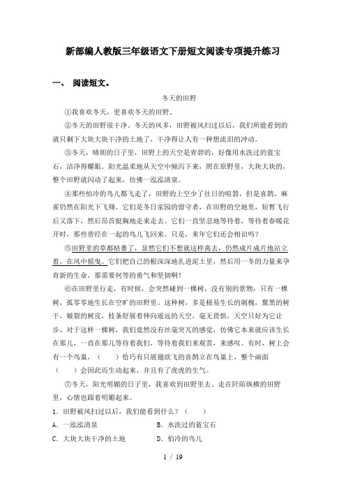 新部编人教版三年级语文下册短文阅读专项提升练习