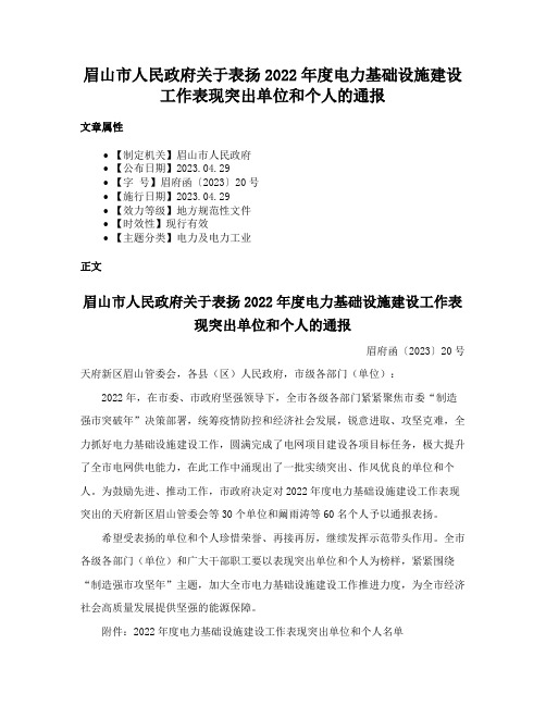 眉山市人民政府关于表扬2022年度电力基础设施建设工作表现突出单位和个人的通报