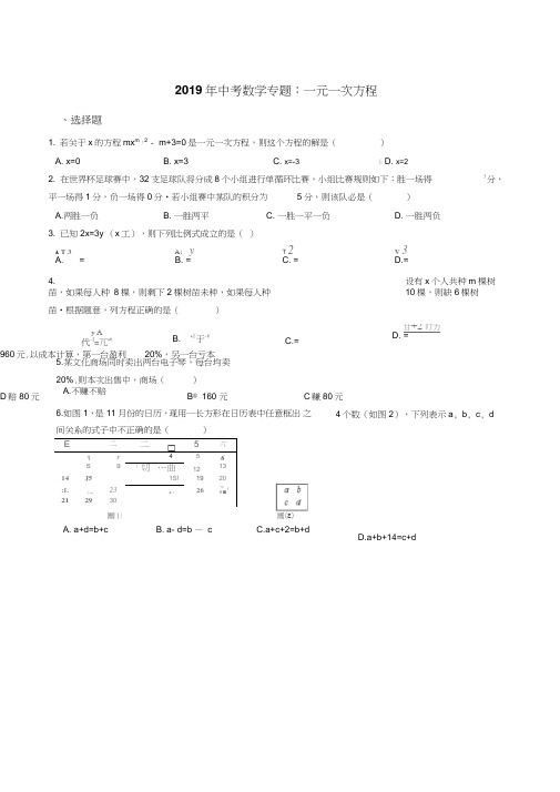 2019年中考数学专题：一元一次方程及答案